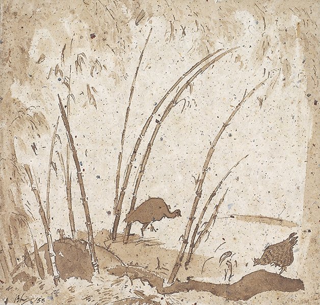 Bernard Leach “Chickens in Bamboo Forest”, squid ink on paper