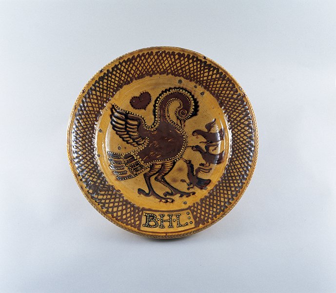 Bernard Leach, Dish, stoneware, slip trailing pelican motifs