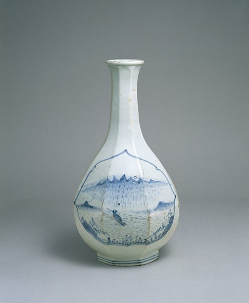 Vase, porcelain, cobalt blue river image (Joseon Dynasty Korea)