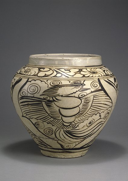 Jar, stoneware, iron blushwork of phoenix and peony motifs (Song Dynasty China)