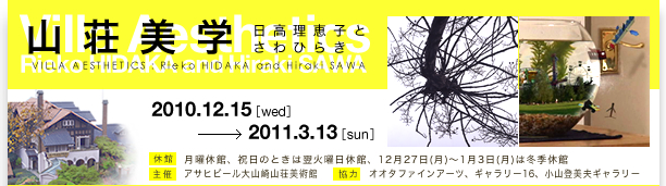 山荘美学 -日高理恵子とさわひらき-
2010年12月15日（水）～2011年3月13日（日）
月曜休館、祝日のときは翌火曜日休館、12月27日（月）～1月3日（月）は冬季休館
主催:アサヒグループ大山崎山荘美術館、協力:オオタファインアーツ,ギャラリー16,小山登美夫ギャラリー